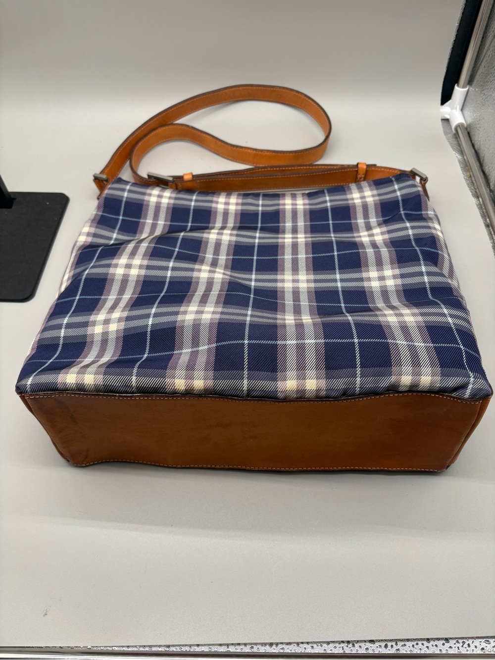 Burberry Navy Plaid Tote with Brown Leather Trim